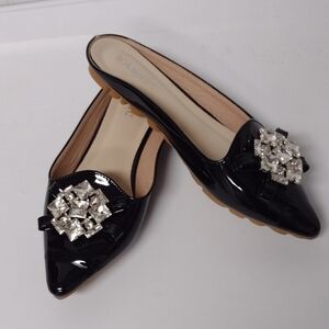 Wambhc Black Patent Leather Flats with Crystal Embellishment